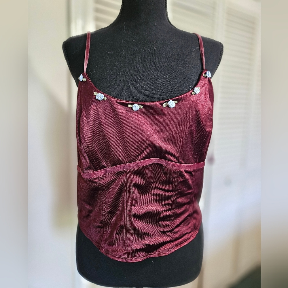 Burgundy Cropped Camisole with Floral Accents